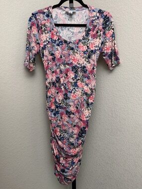Motherhood Maternity Pink and Blue Floral Midi Scoop-Neck Dress